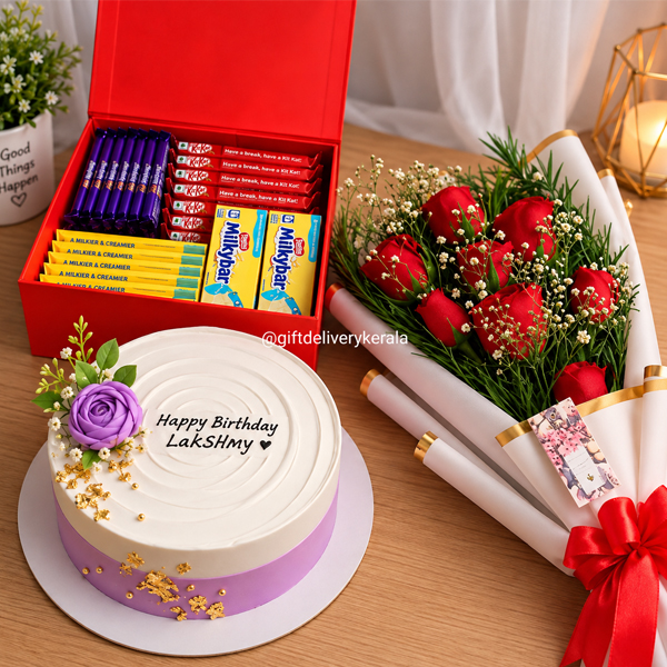 Cake, Chocolate Hamper & Flower Bouquet Combo