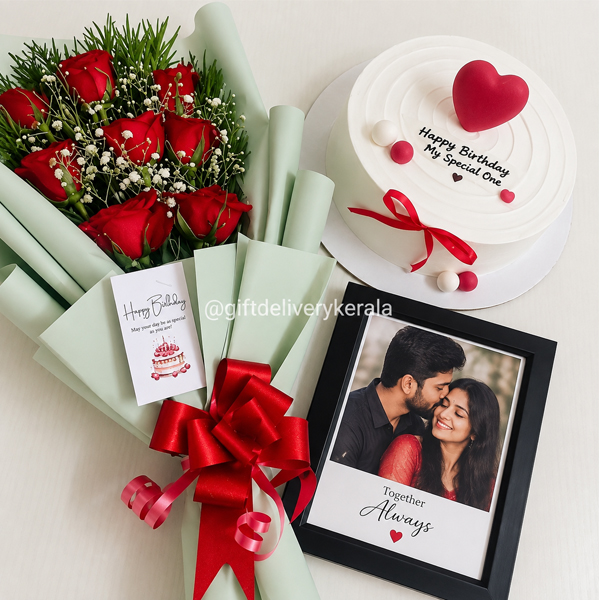 Cake, Photo Frame & Flower Bouquet Combo